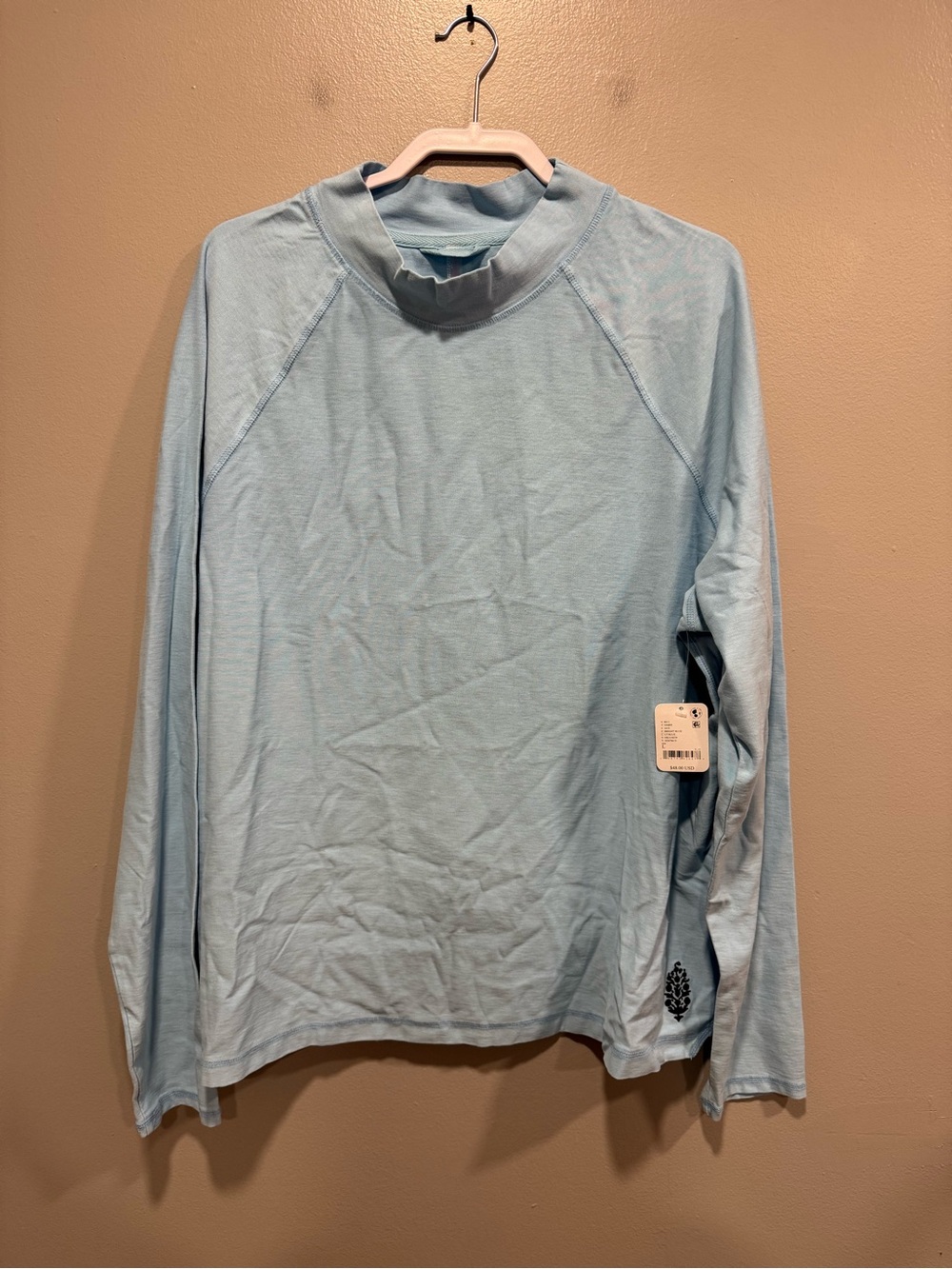 NWT FP Movement by Free People Mock Neck Long Sleeve Logo Top in Blue Size Large